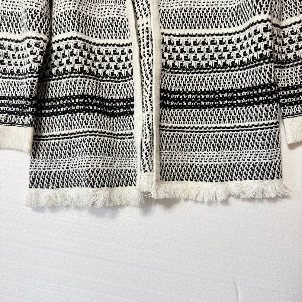 KASPER‎ Black White Stripe Knit Open  Front Cardigan Sweater Small Fringe Hem